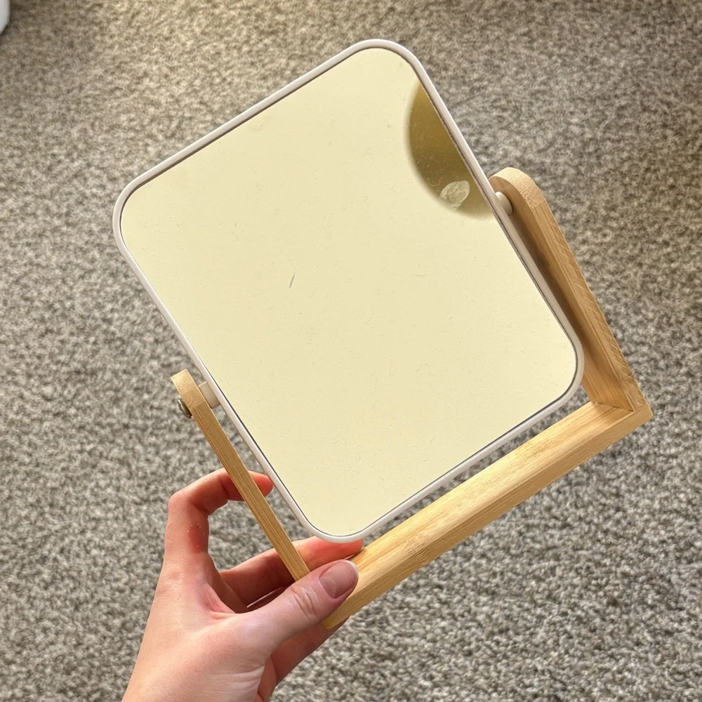 Elegant Cream Vanity Mirror with Bamboo Stand, zoom side and normal side